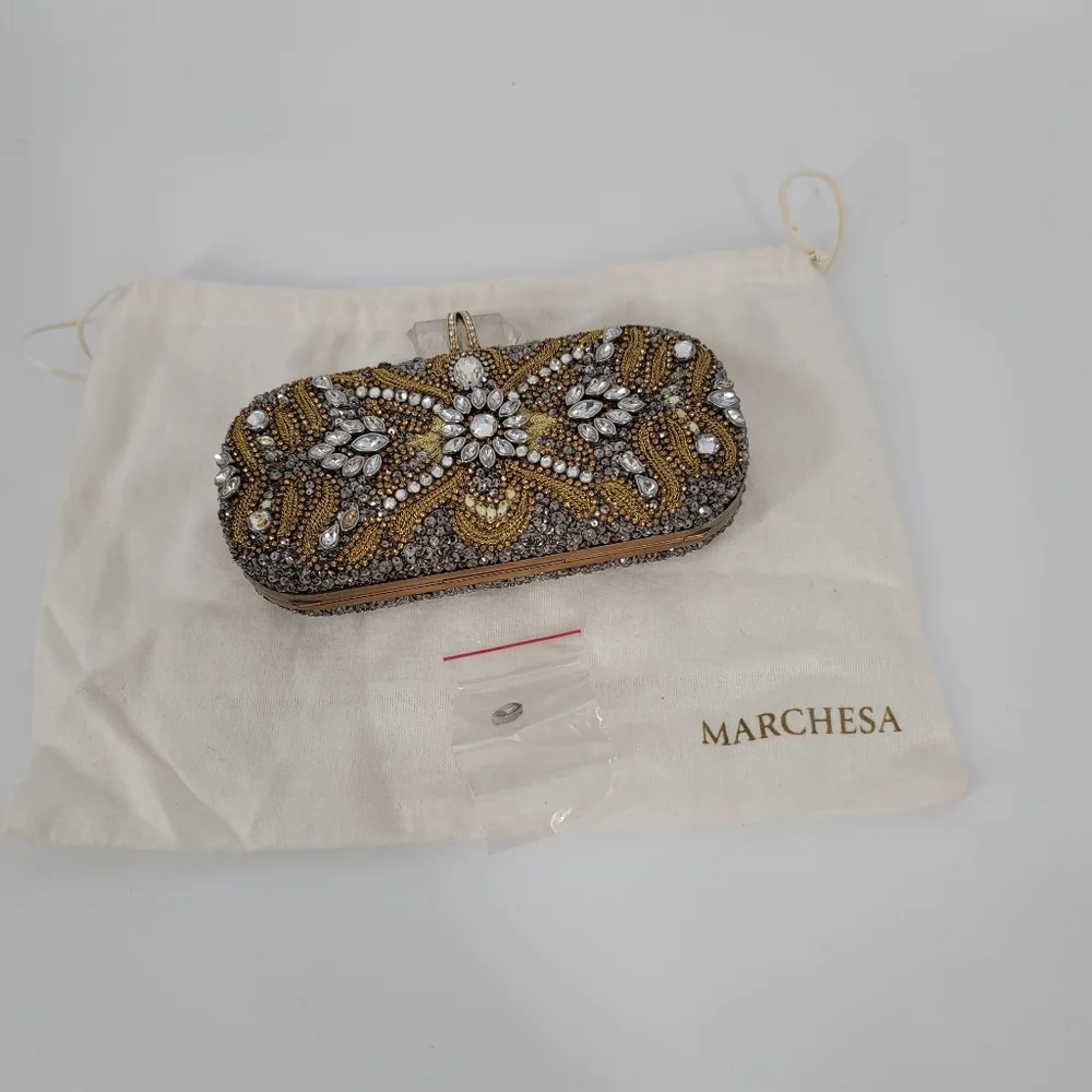 Marchesa Crystal Embellished Gold Evening Clutch with Strap and Dustbag